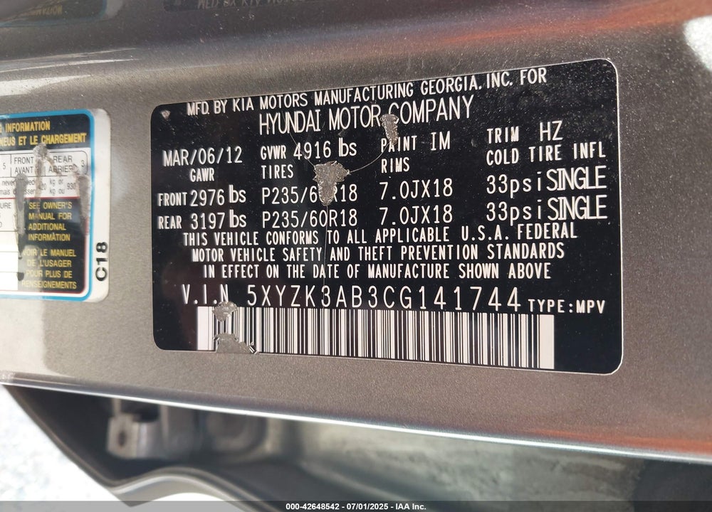 2012 HYUNDAI SANTA FE VIN: 5XYZK3AB3CG141744