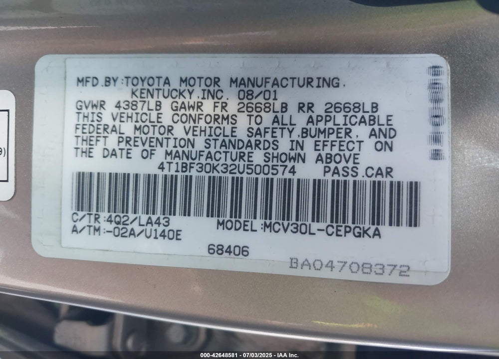 2002 TOYOTA CAMRY XLE V6 VIN: 4T1BF30K32U500574
