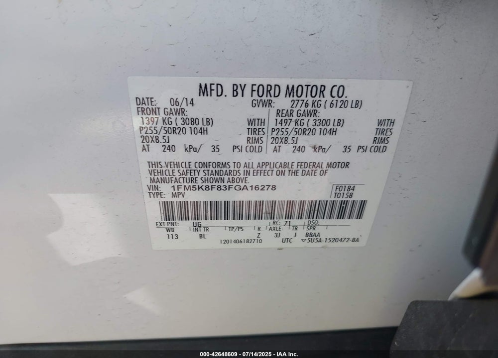 2015 FORD EXPLORER VIN: 1FM5K8F83FGA16278