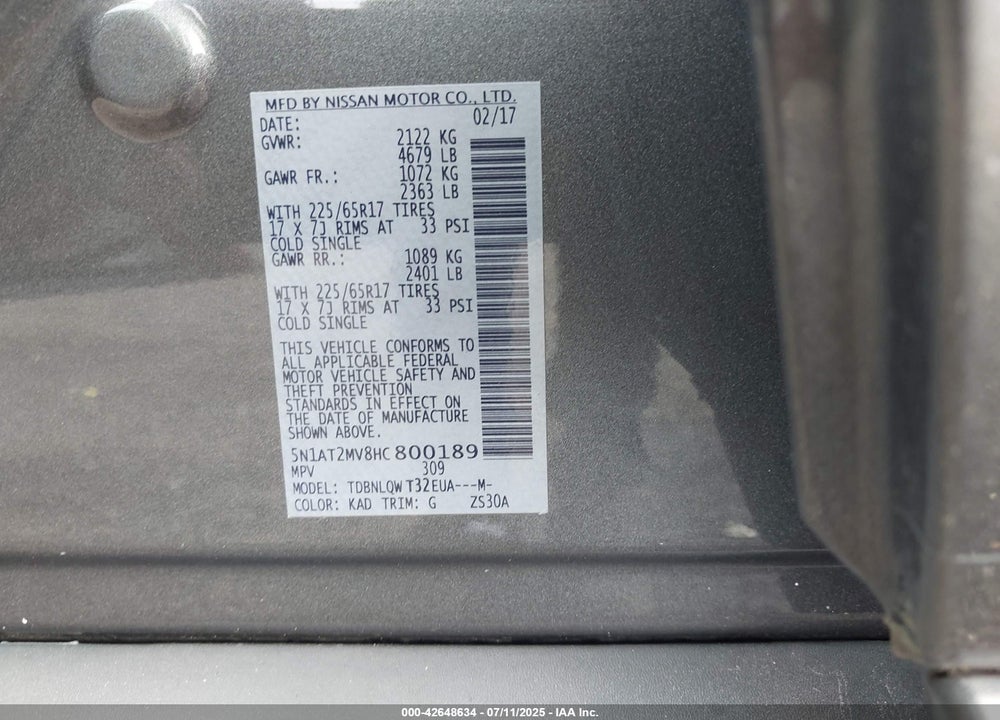 2017 NISSAN ROGUE VIN: 5N1AT2MV8HC800189