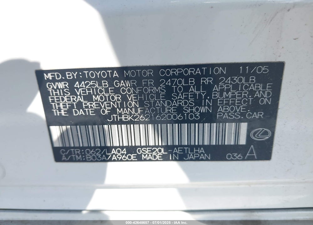 2006 LEXUS IS 250 VIN: JTHBK262162006103