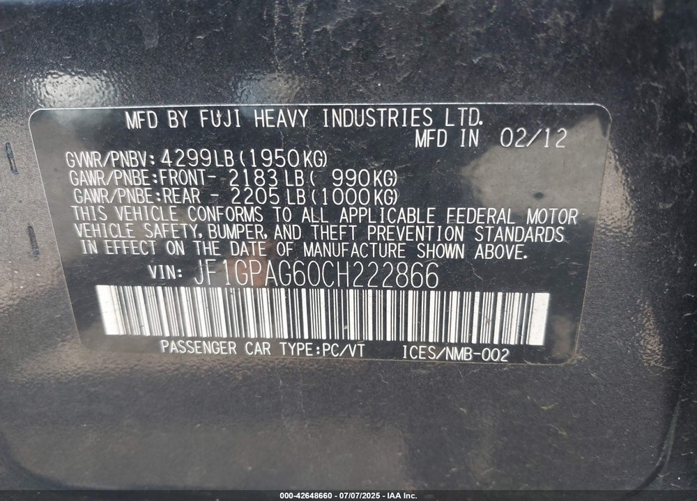 2012 SUBARU IMPREZA VIN: JF1GPAG60CH222866
