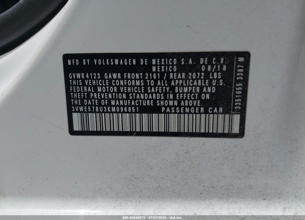 2019 VOLKSWAGEN JETTA 1.4T SEL VIN: 3VWE57BU3KM096851