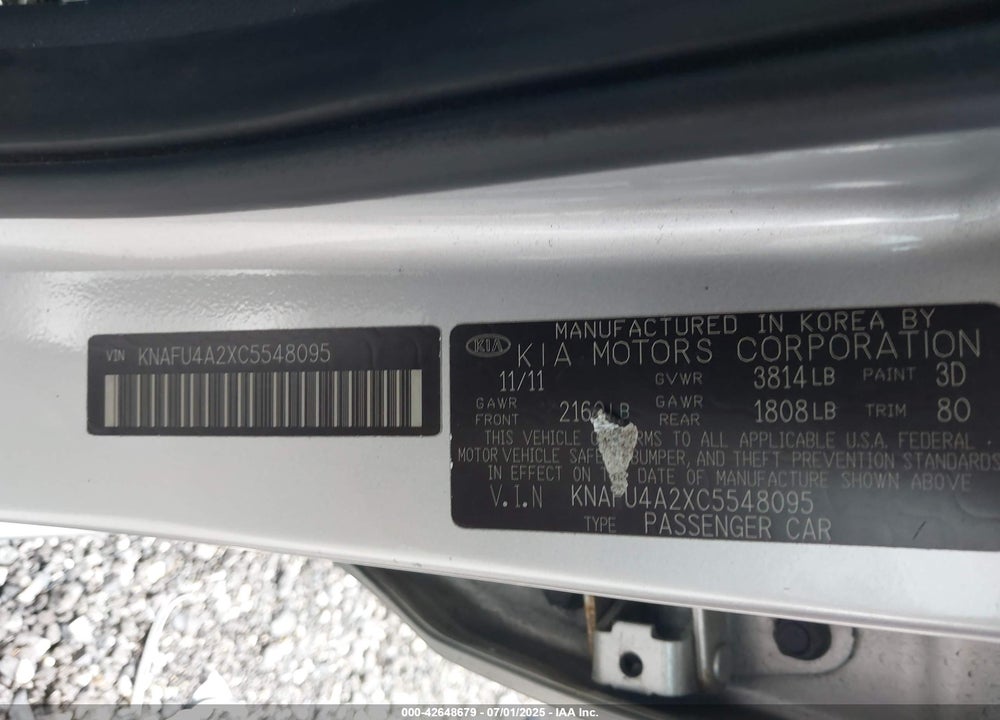 2012 KIA FORTE VIN: KNAFU4A2XC5548095