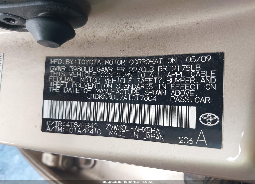 2010 TOYOTA PRIUS VIN: JTDKN3DU7A1017804