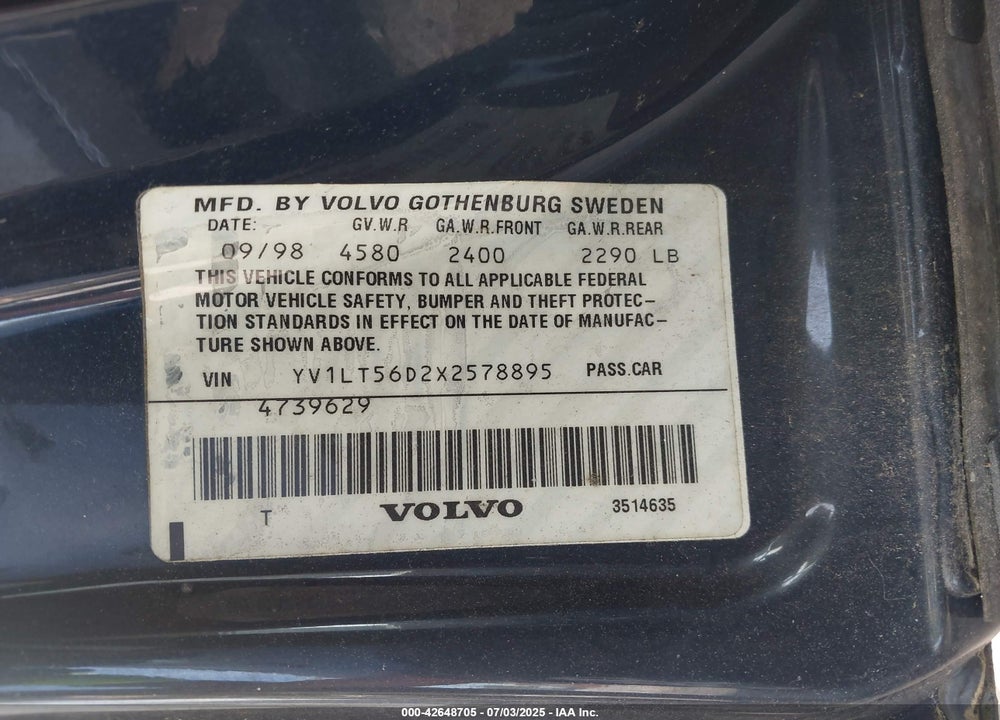 1999 VOLVO S70 VIN: YV1LT56D2X2578895
