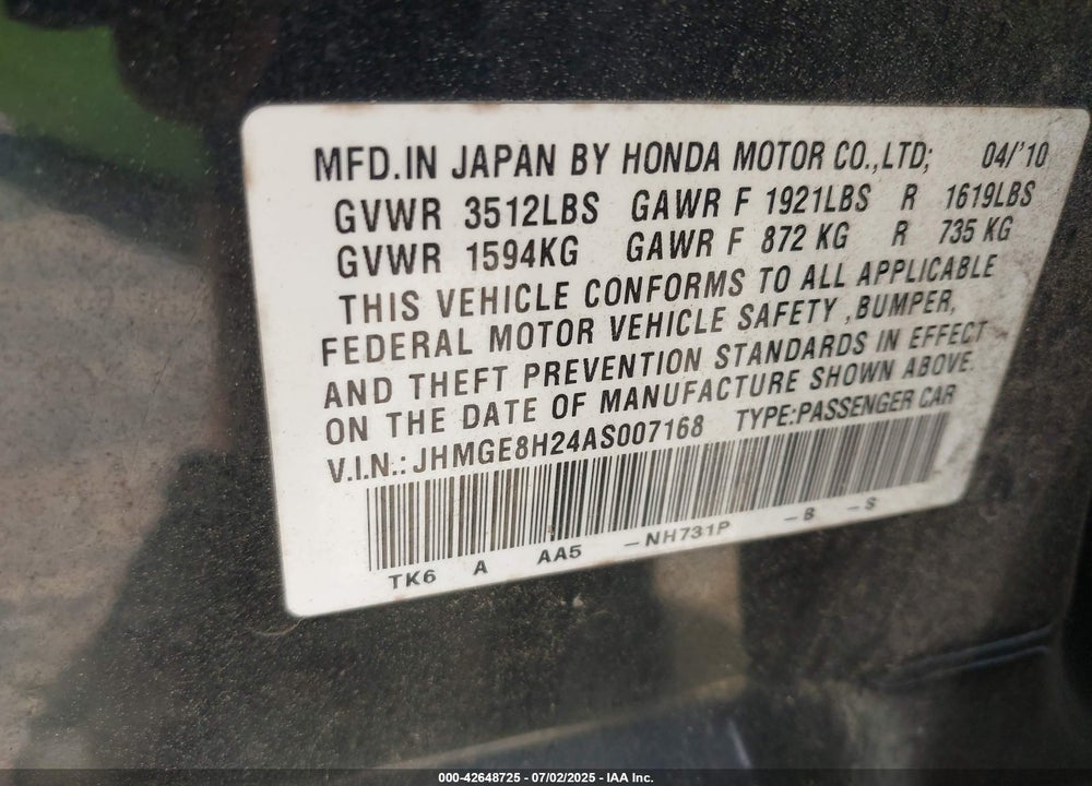 2010 HONDA FIT VIN: JHMGE8H24AS007168