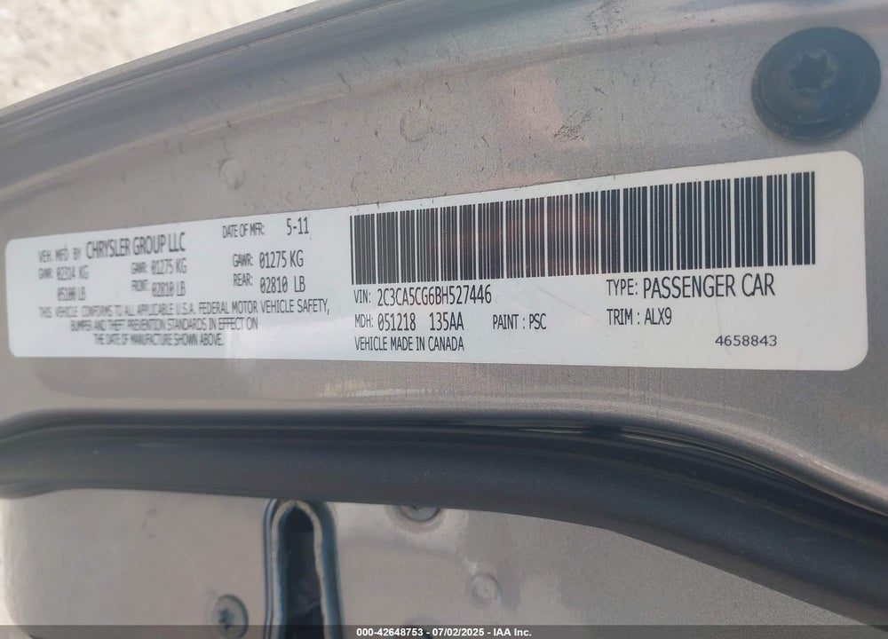 2011 CHRYSLER 300 VIN: 2C3CA5CG6BH527446