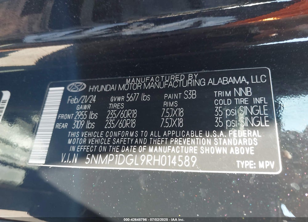 2024 HYUNDAI SANTA FE VIN: 5NMP1DGL9RH014589