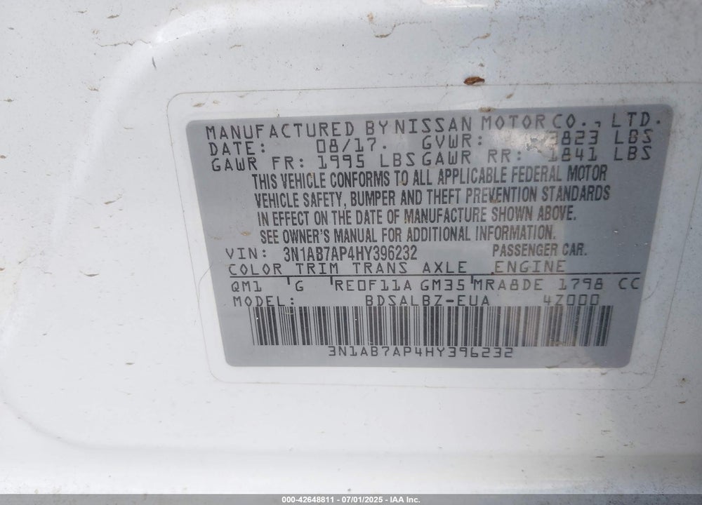 2017 NISSAN SENTRA VIN: 3N1AB7AP4HY396232