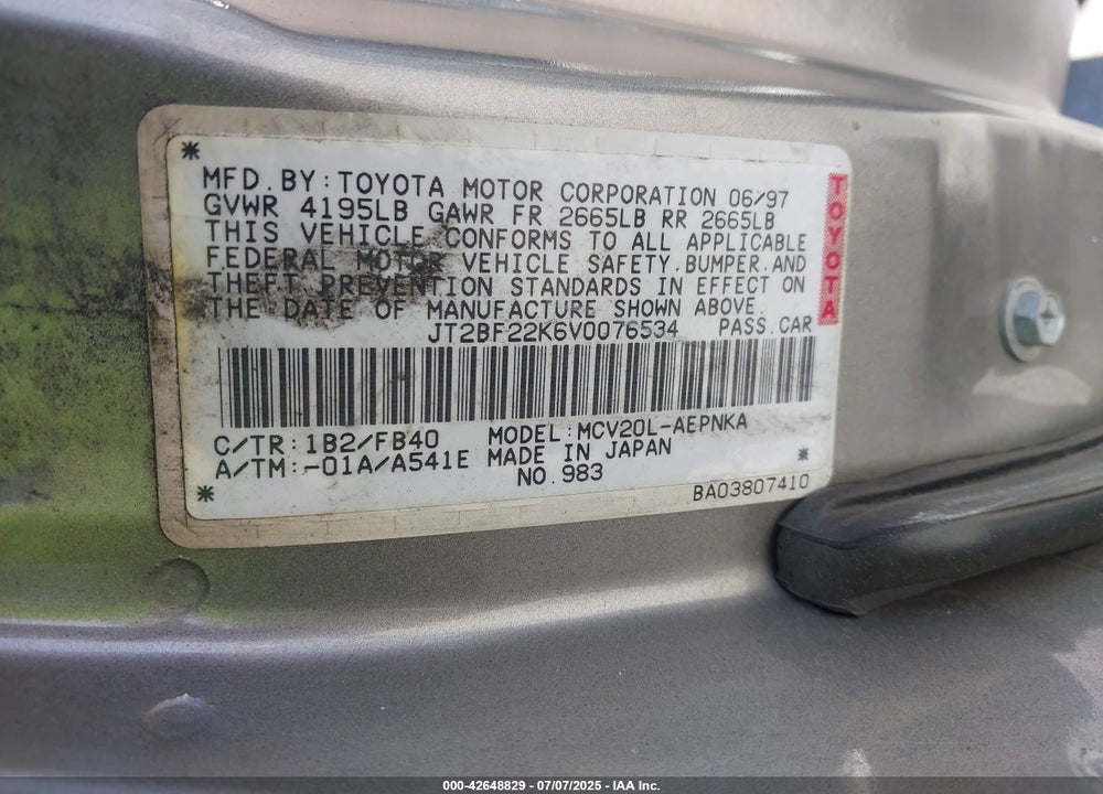 1997 TOYOTA CAMRY LE V6 VIN: JT2BF22K6V0076534