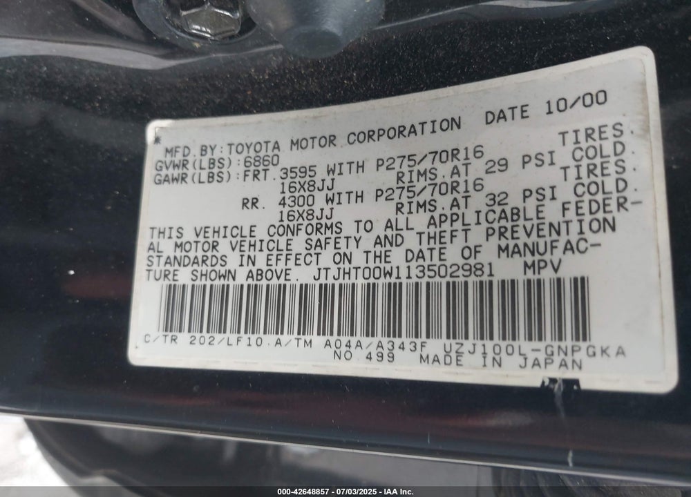 2001 LEXUS LX 470 VIN: JTJHT00W113502981
