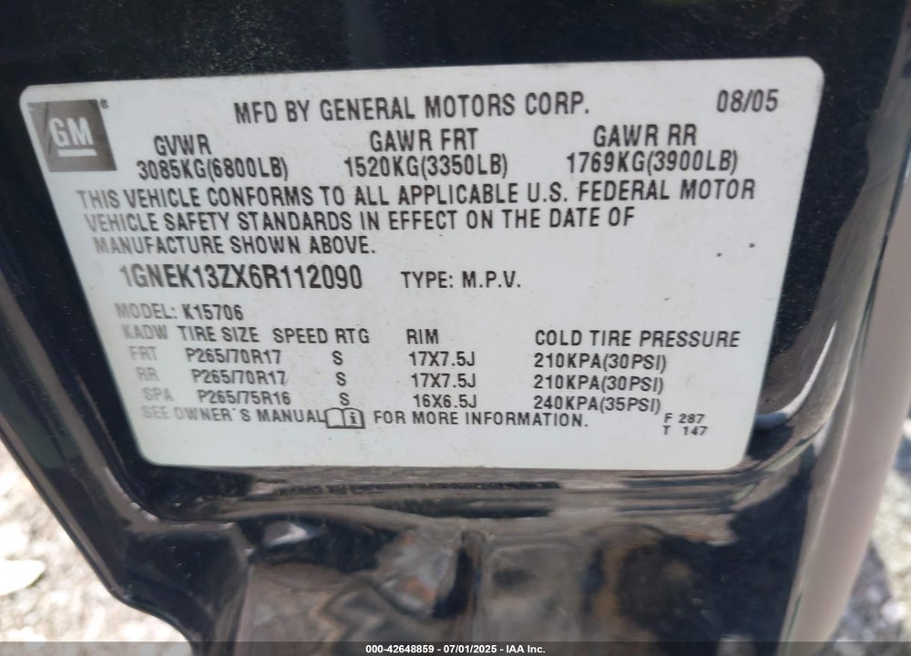2006 CHEVROLET TAHOE VIN: 1GNEK13ZX6R112090