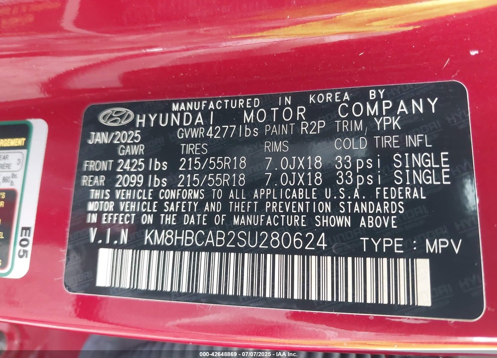 2025 HYUNDAI KONA VIN: KM8HBCAB2SU280624