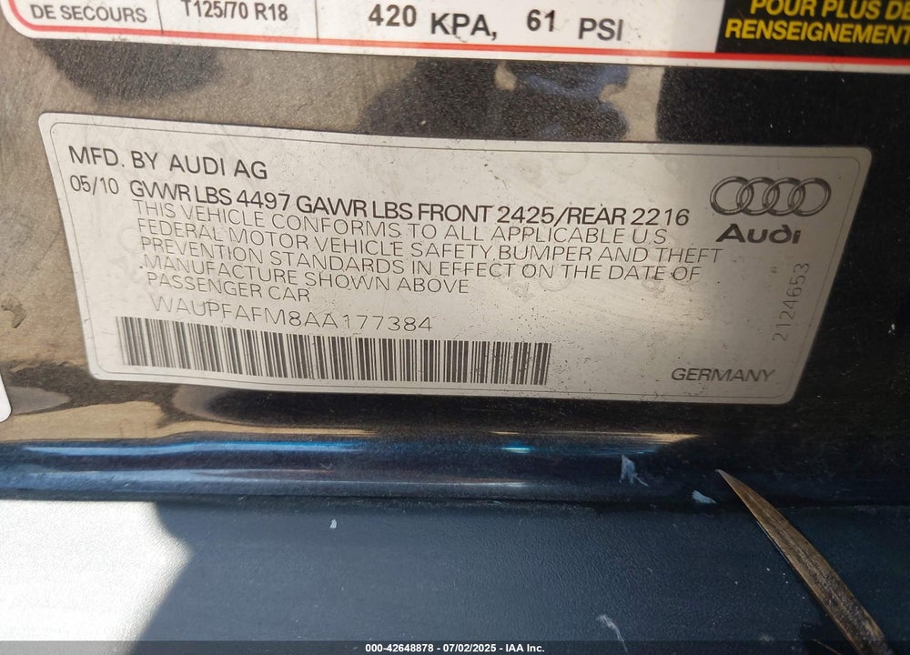 2010 AUDI A3 VIN: WAUPFAFM8AA177384