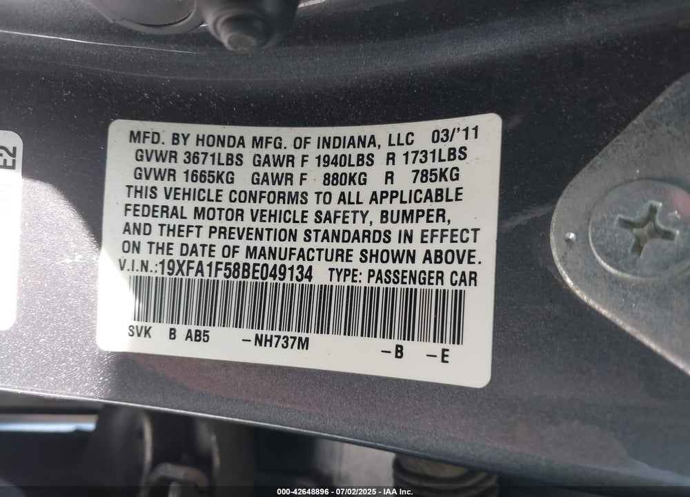 2011 HONDA CIVIC VIN: 19XFA1F58BE049134