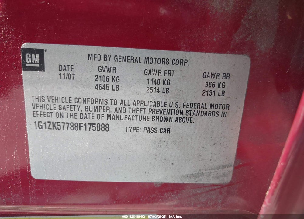 2008 CHEVROLET MALIBU VIN: 1G1ZK57788F175888