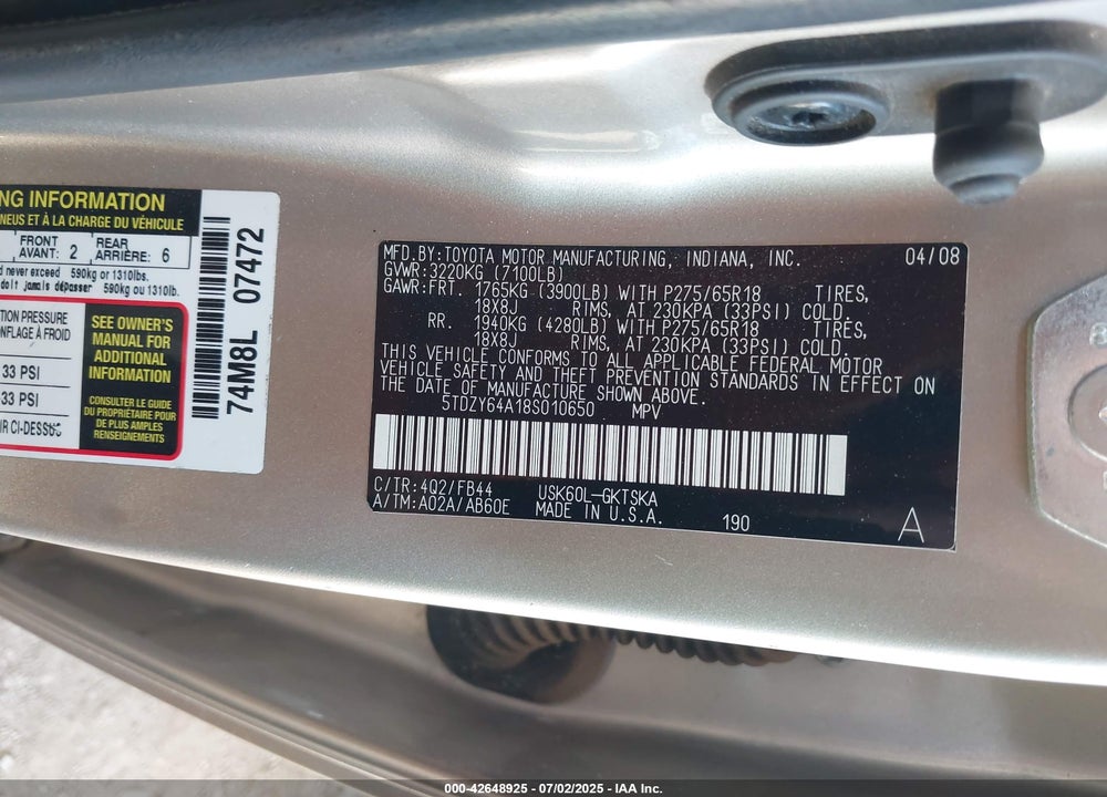 2008 TOYOTA SEQUOIA SR5 5.7L V8 VIN: 5TDZY64A18S010650