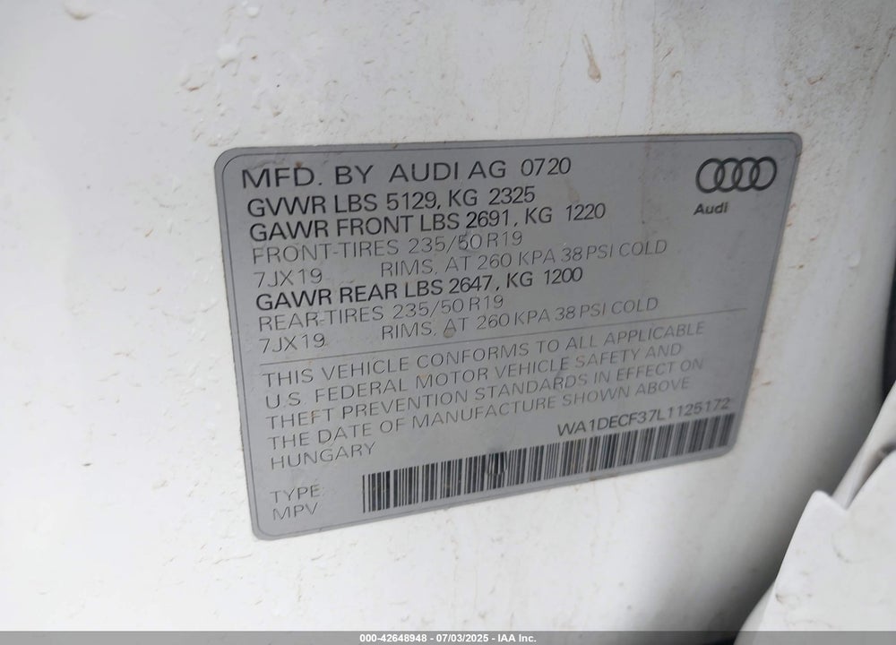 2020 AUDI Q3 VIN: WA1DECF37L1125172