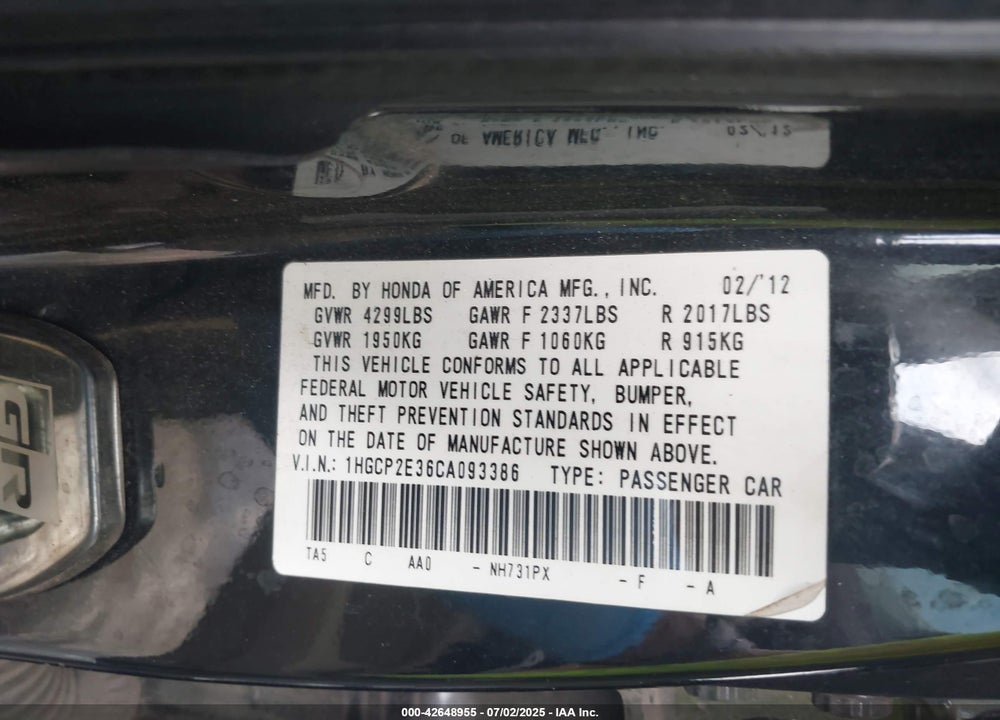 2012 HONDA ACCORD VIN: 1HGCP2E36CA093386