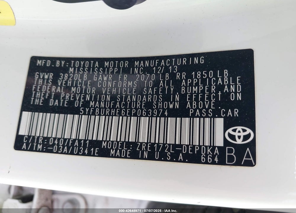 2014 TOYOTA COROLLA VIN: 5YFBURHE6EP063974