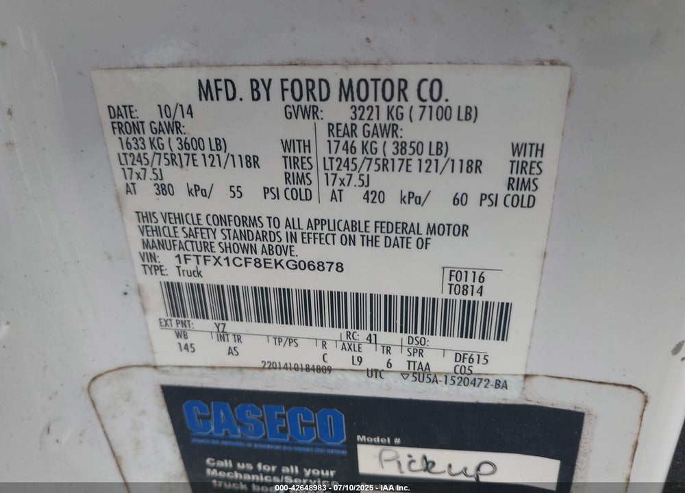 2014 FORD F-150 VIN: 1FTFX1CF8EKG06878
