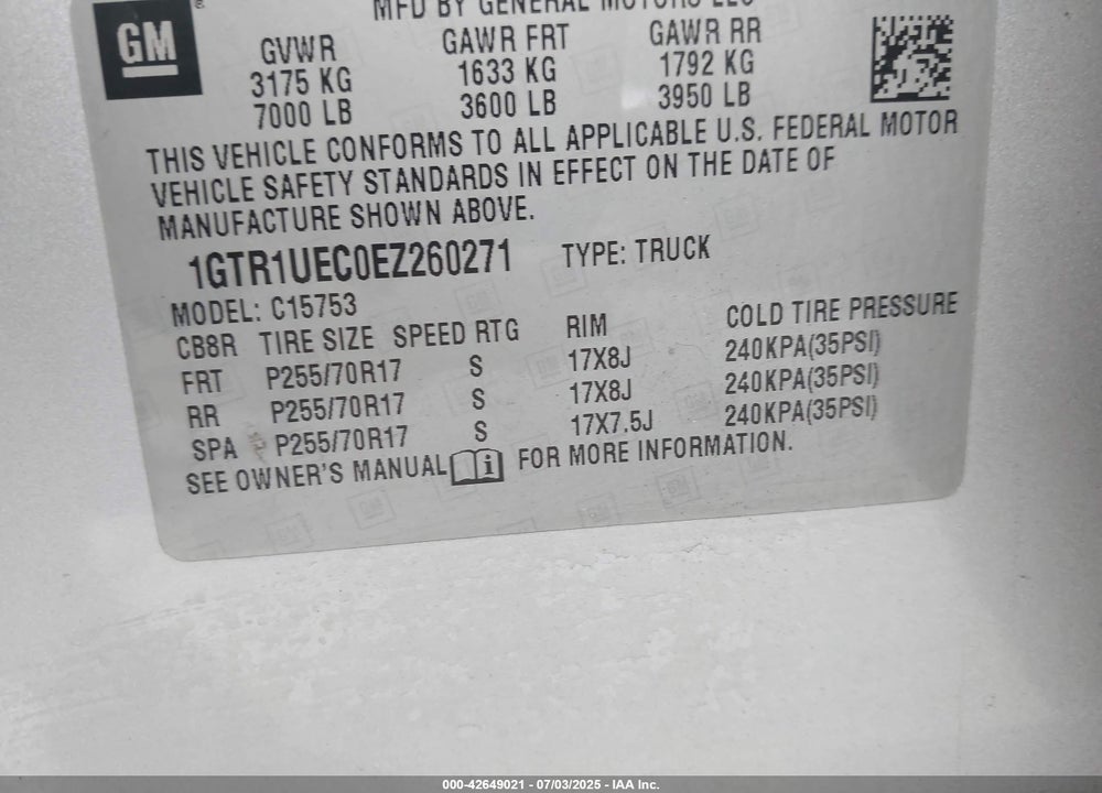 2014 GMC SIERRA 1500 VIN: 1GTR1UEC0EZ260271
