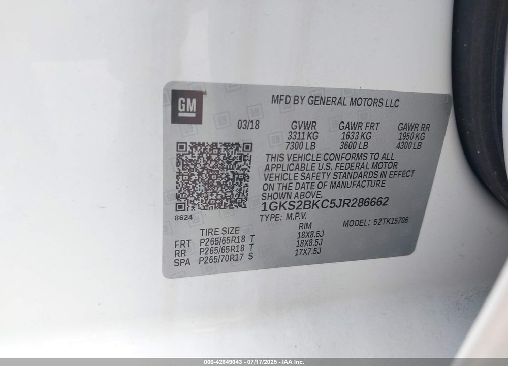 2018 GMC YUKON SLT VIN: 1GKS2BKC5JR286662