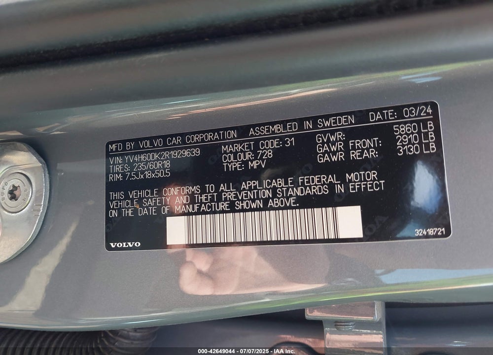 2024 VOLVO XC60 RECHARGE VIN: YV4H60DK2R1929639