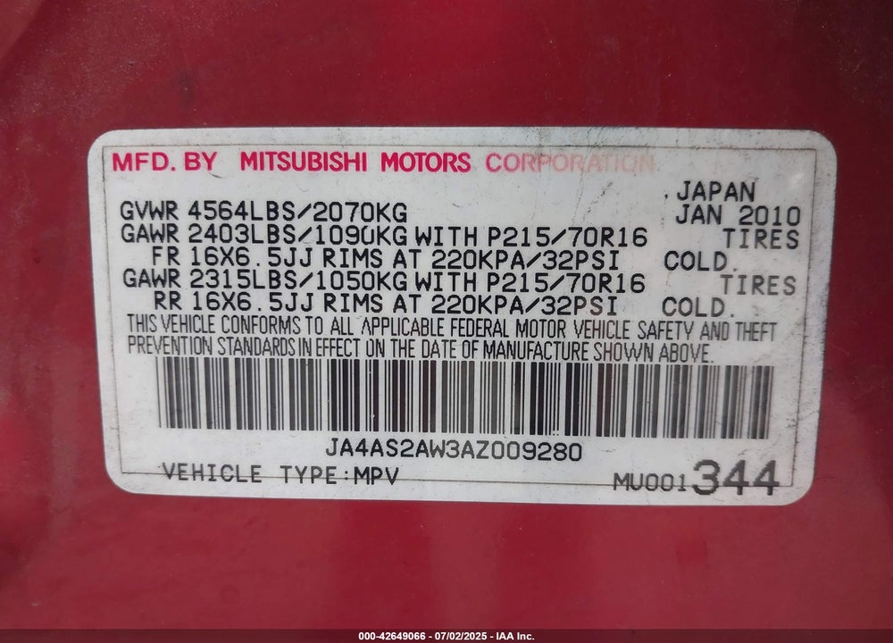 2010 MITSUBISHI OUTLANDER VIN: JA4AS2AW3AZ009280