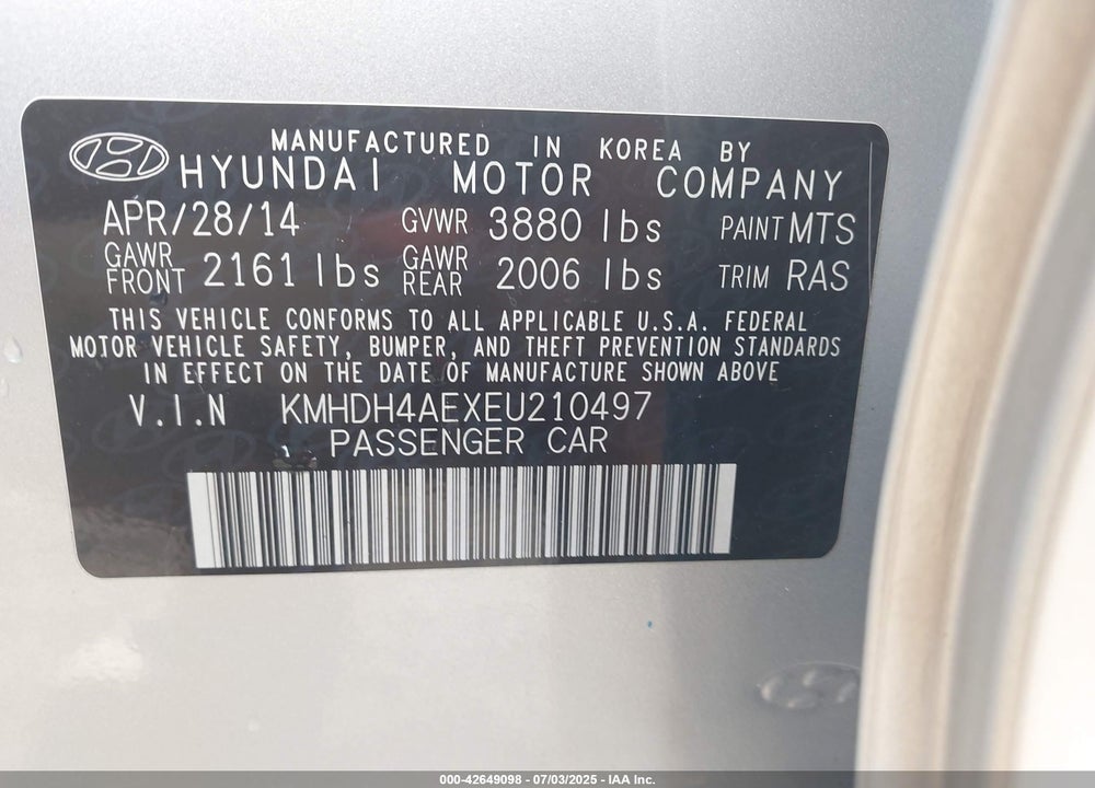 2014 HYUNDAI ELANTRA SE VIN: KMHDH4AEXEU210497