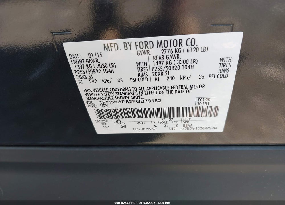 2015 FORD EXPLORER VIN: 1FM5K8D82FGB79152