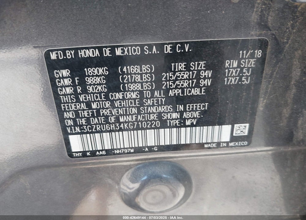 2019 HONDA HR-V LX VIN: 3CZRU6H34KG710220