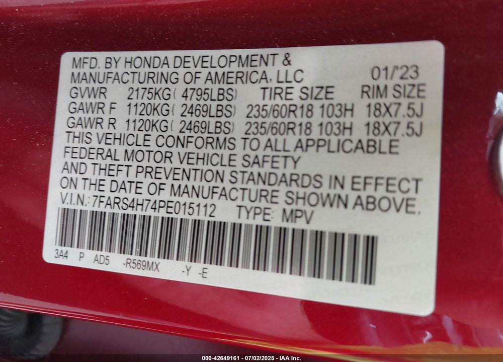 2023 HONDA CR-V VIN: 7FARS4H74PE015112