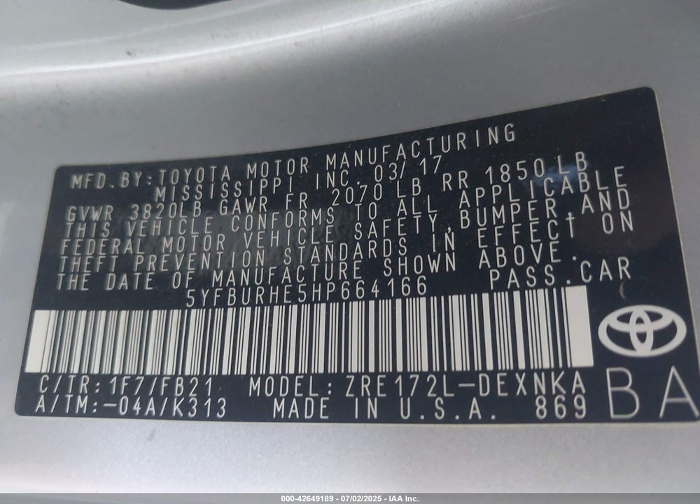 2017 TOYOTA COROLLA VIN: 5YFBURHE5HP664166