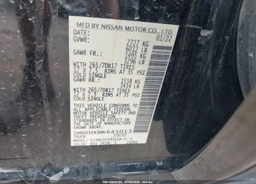 2022 NISSAN FRONTIER PRO-4X 4X4 VIN: 1N6ED1EK8NN645013