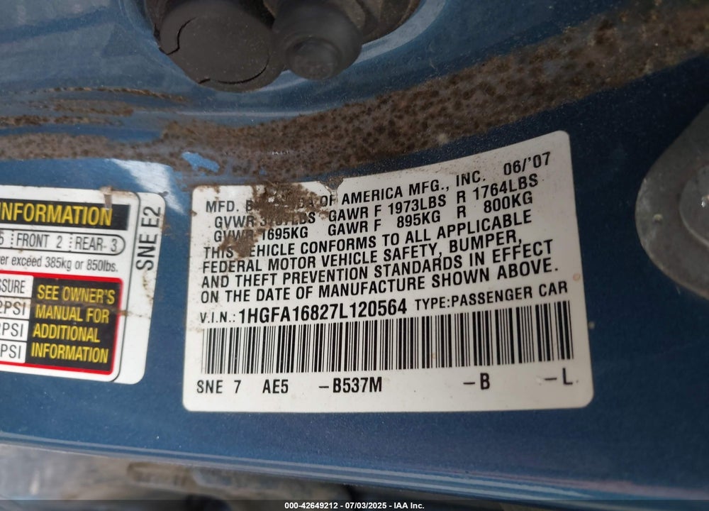 2007 HONDA CIVIC EX VIN: 1HGFA16827L120564