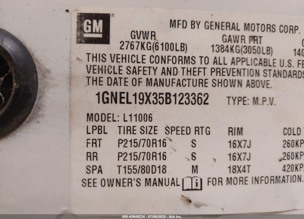 2005 CHEVROLET ASTRO VIN: 1GNEL19X35B123362