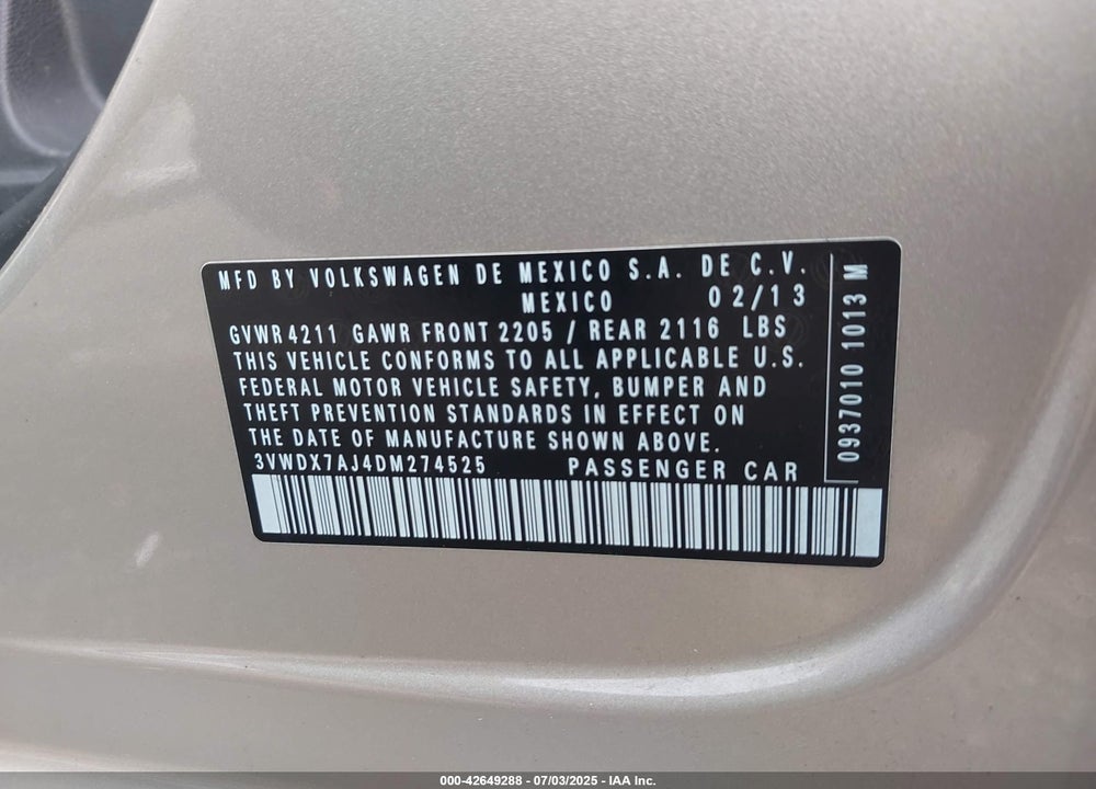 2013 VOLKSWAGEN JETTA 2.5L SE VIN: 3VWDX7AJ4DM274525