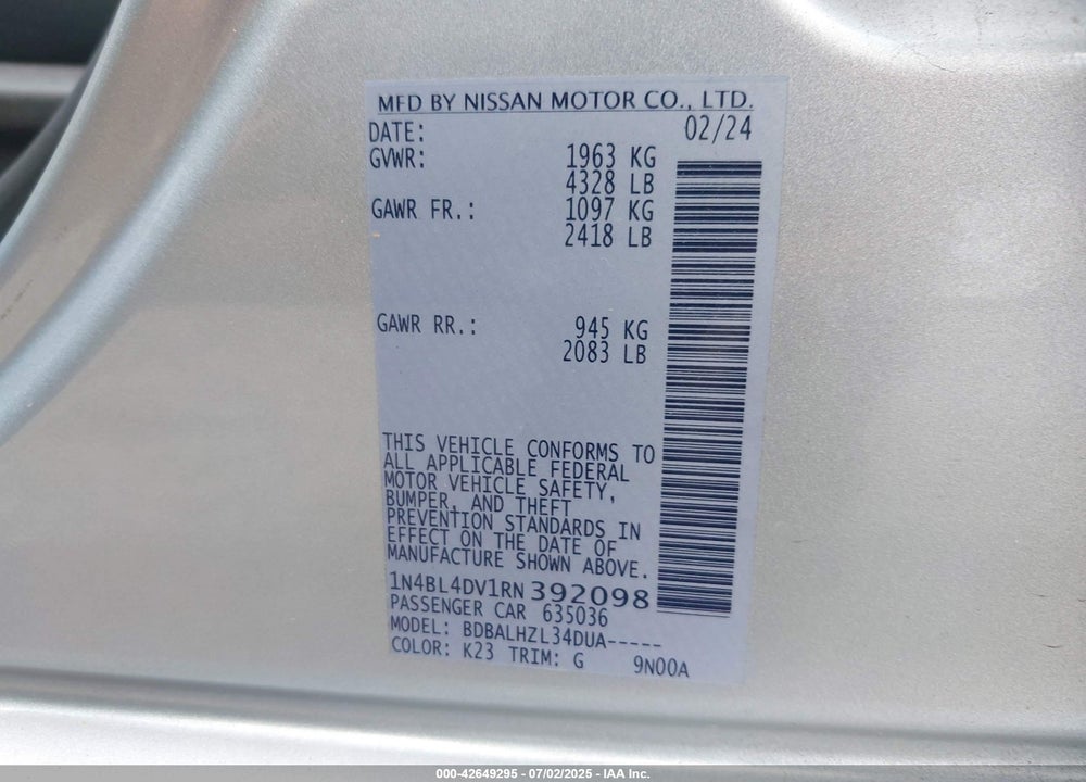2024 NISSAN ALTIMA VIN: 1N4BL4DV1RN392098