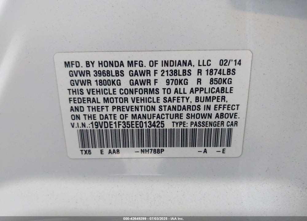 2014 ACURA ILX VIN: 19VDE1F35EE013425