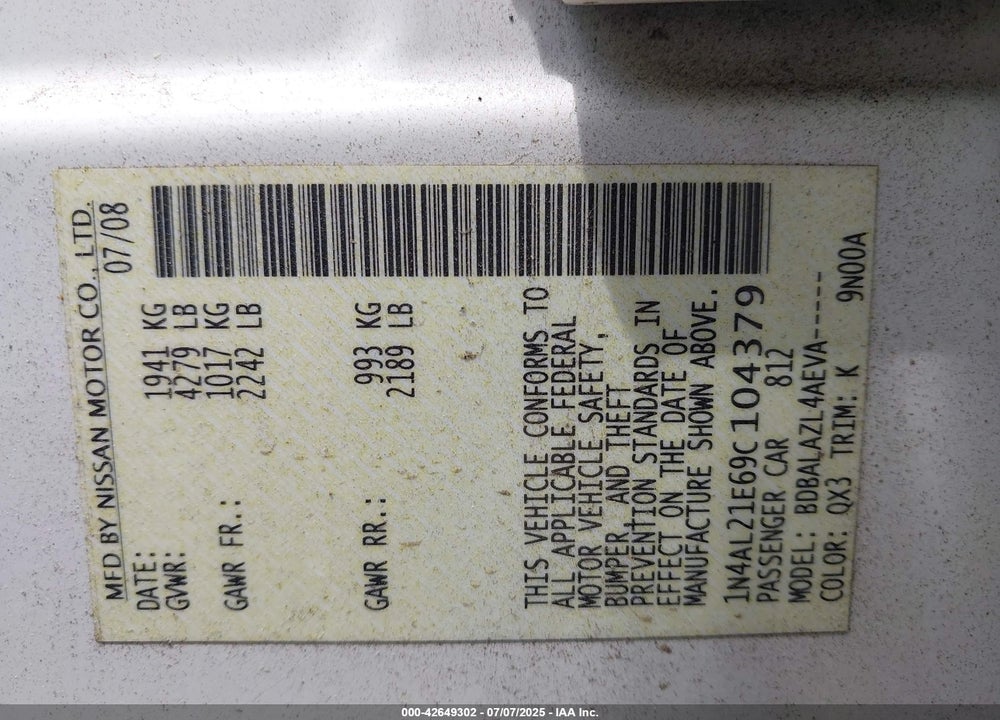 2009 NISSAN ALTIMA VIN: 1N4AL21E69C104379