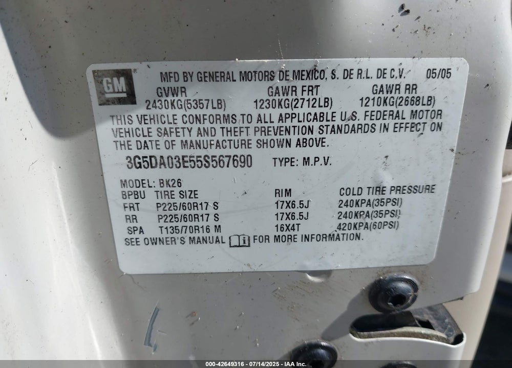 2005 BUICK RENDEZVOUS CX VIN: 3G5DA03E55S567690