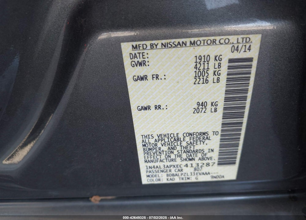 2014 NISSAN ALTIMA VIN: 1N4AL3APXEC413287