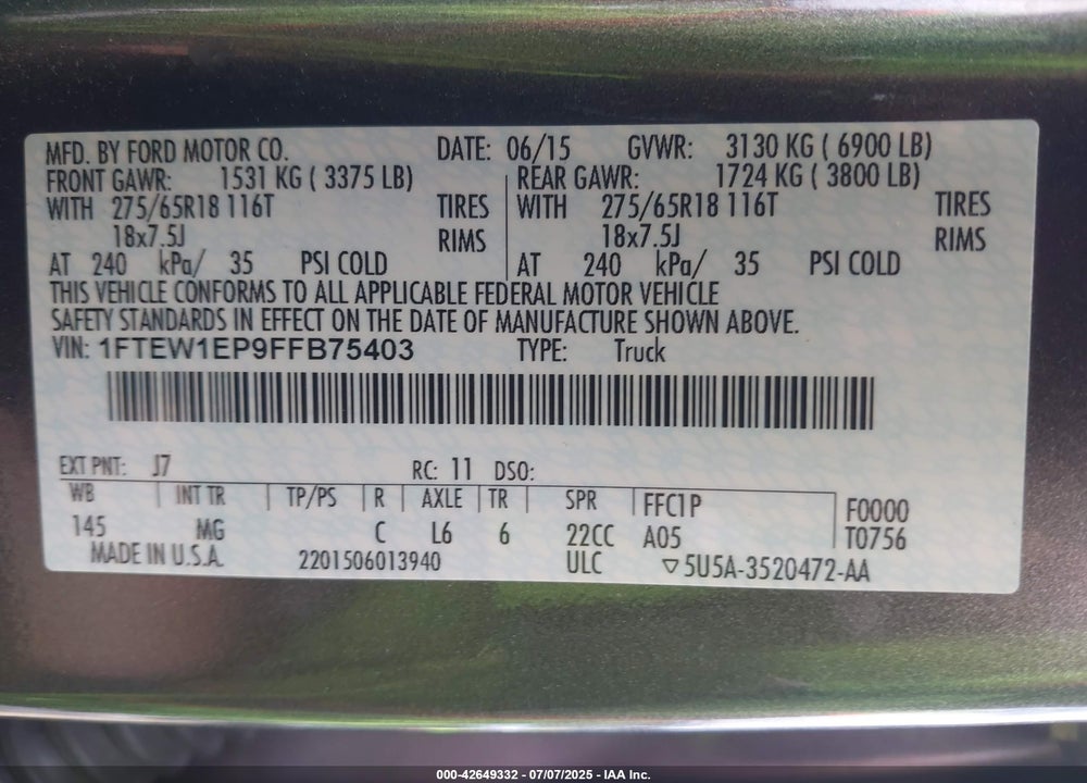 2015 FORD F-150 VIN: 1FTEW1EP9FFB75403