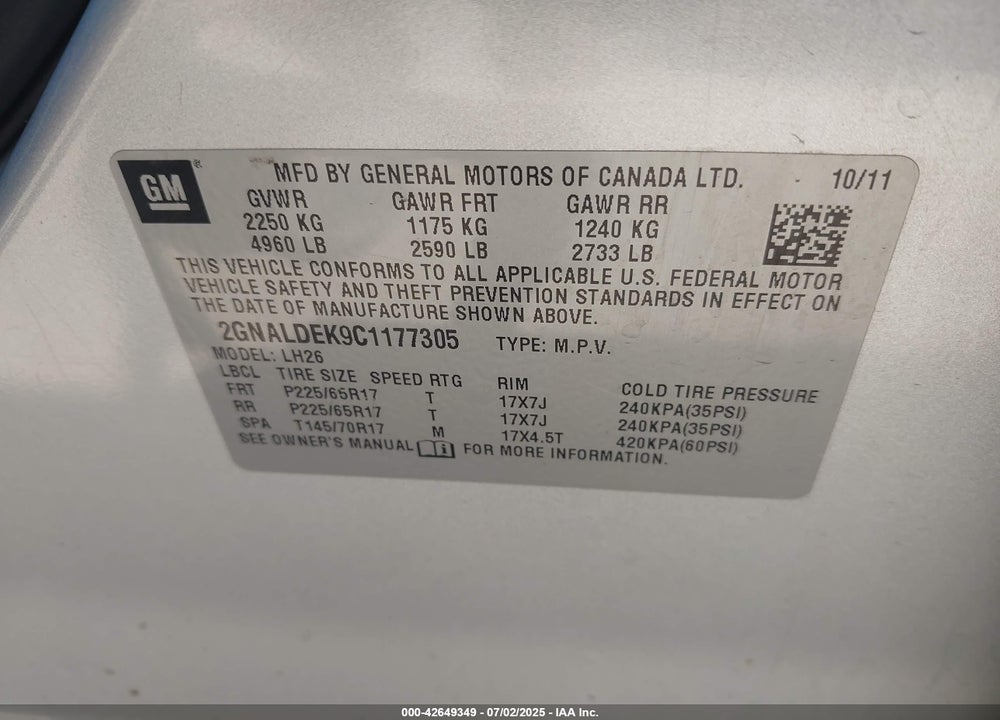 2012 CHEVROLET EQUINOX VIN: 2GNALDEK9C1177305