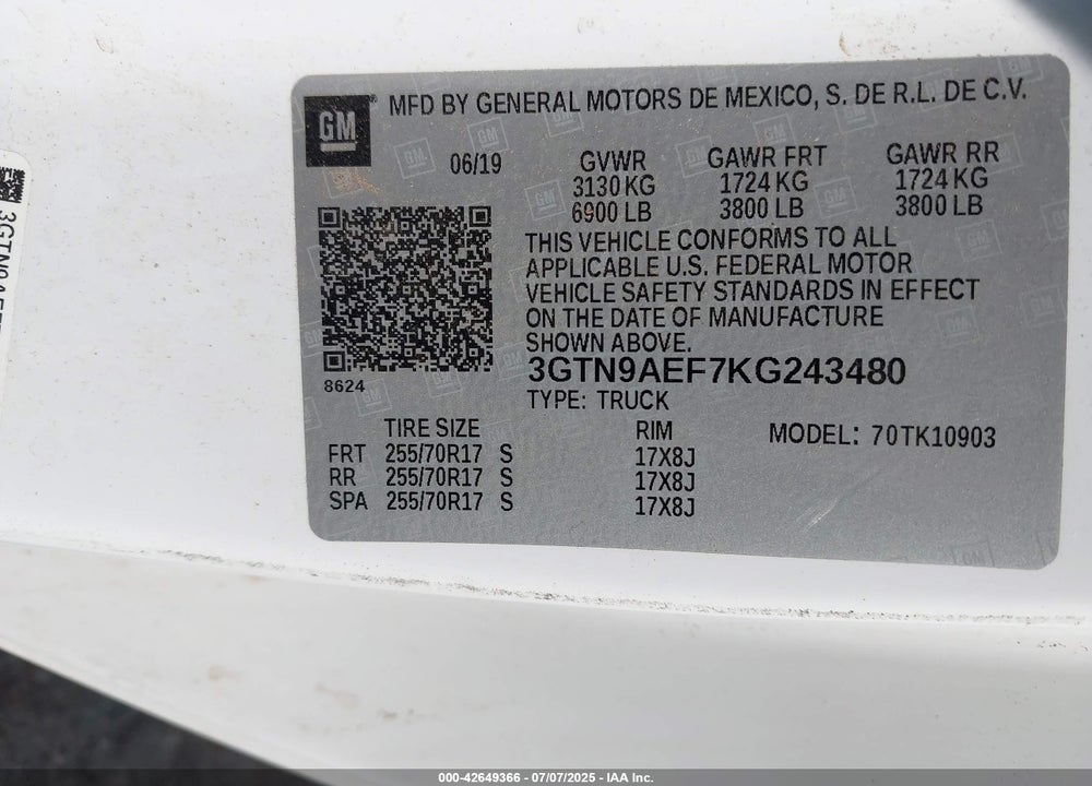 2019 GMC SIERRA 1500 VIN: 3GTN9AEF7KG243480
