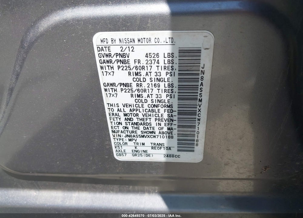 2012 NISSAN ROGUE VIN: JN8AS5MVXCW710188