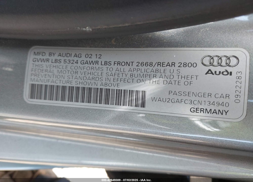 2012 AUDI A7 VIN: WAU2GAFC3CN134940
