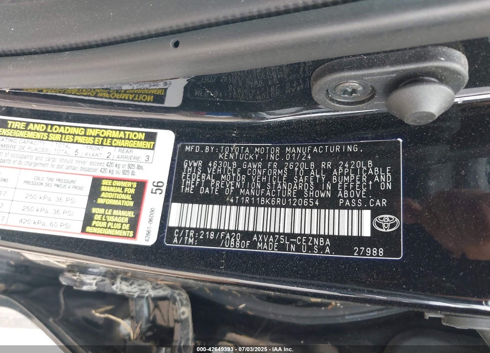 2024 TOYOTA CAMRY VIN: 4T1R11BK6RU120654